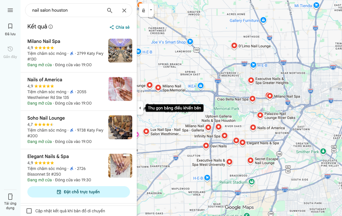 Khách tìm tiệm nail vắng khách trên Google Maps ở Houston