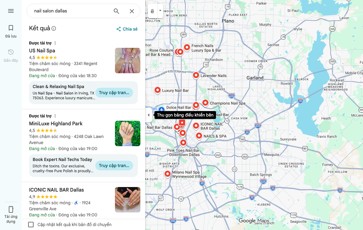 Đếm đối thủ khi tìm cách mở tiệm nail ở Mỹ trên Google Maps