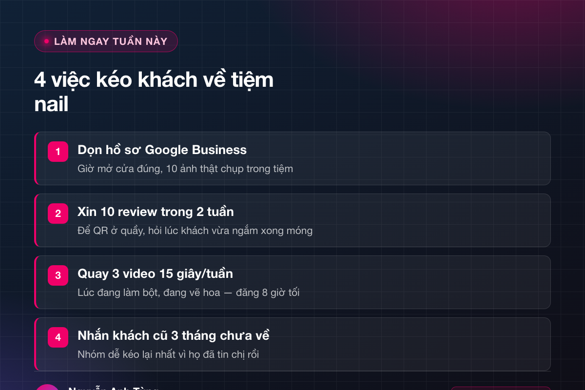 4 việc làm khi tiệm nail vắng khách: Google Business, review, video, nhắn khách cũ